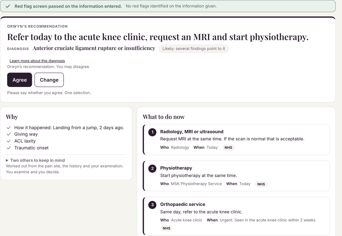 Orwyn's result screen for an example patient with a suspected ACL rupture: the most likely diagnosis with its reasons, including how the injury happened, the two other diagnoses to keep in mind, and what to do today.