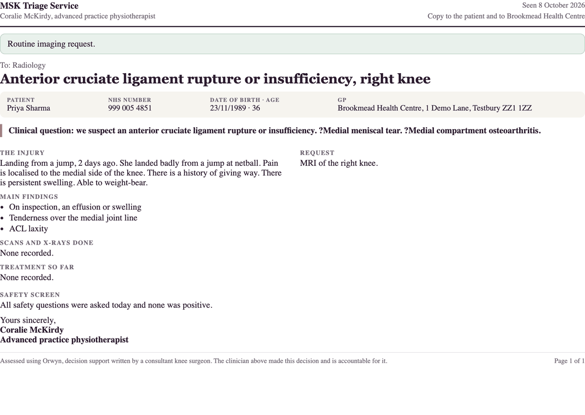The MRI request to radiology, with the clinical question and the mechanism of injury.